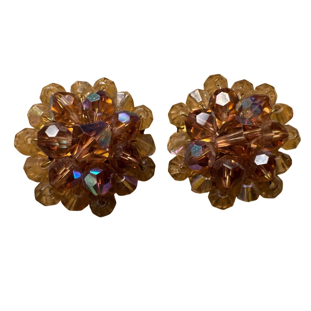 Vintage La Vie Amber Aurora Borealis Crystal Cluster Clip On Earrings Gold Tone